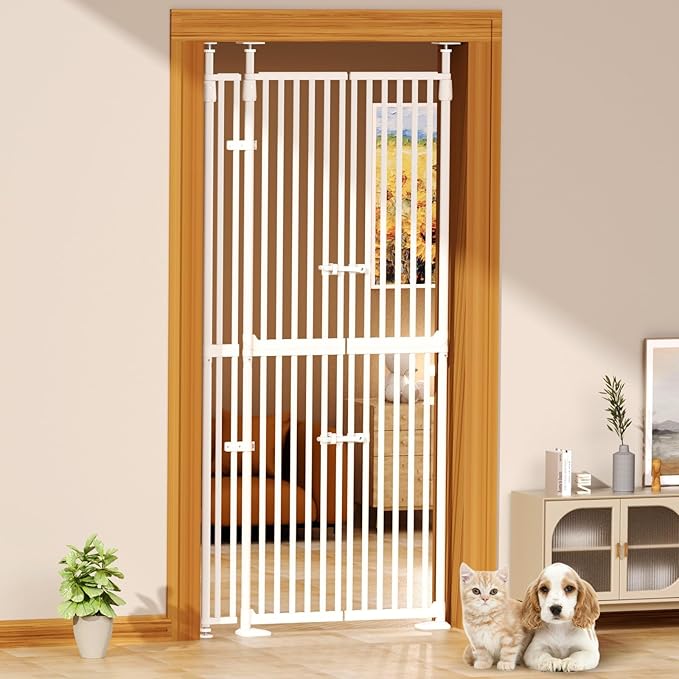 74.8"-90.5" Extra Tall Cat Gate for Doorway, Auto‑Close, No‑Drill Pressure‑Mount with 3 Support Pillars & Double‑Door, Fits 30.3–38.2″ Openings, 1.37″ Narrow Gap, Extension Kit Included, White