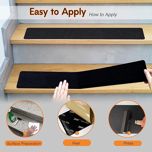 S&X Outdoor Stair Treads for Wooden Steps - 12-Pack, Black, 4” x 24” Pre-Cut Anti Slip Tape Non-Slip Strips for Stairs, Steps, Decks, and Boats - High Grip, Waterproof, Non-Skid Safety Guard