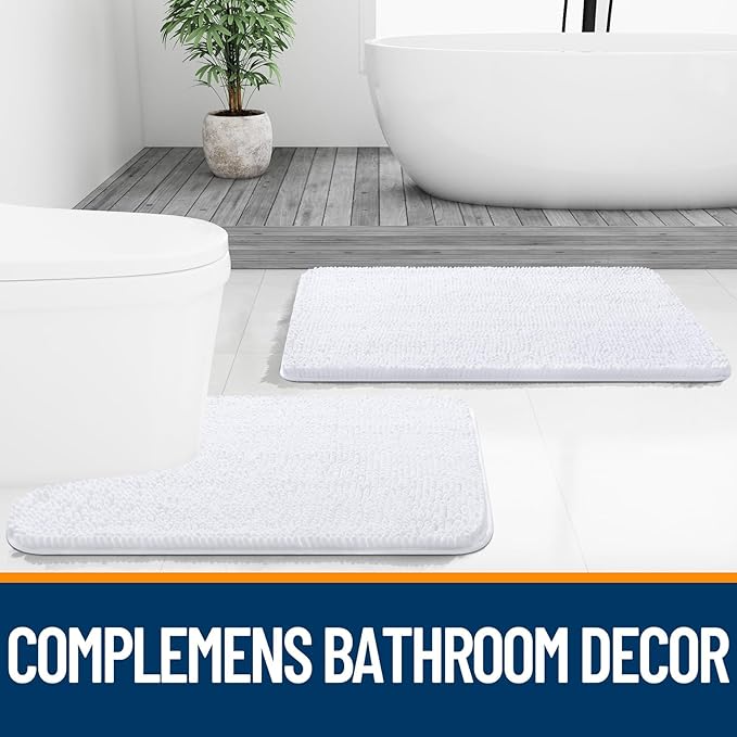 OLANLY Bathroom Rugs Sets 2 Piece, Soft Absorbent Chenille Bath Mats Area Rug Set, Non-Slip, Quick Dry, Machine Washable Bath Mats for Bathroom, Home Decor Accessories (59"x20"+30"x20", White)