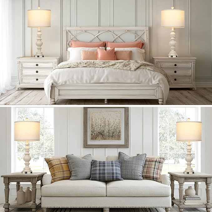 27.5" Beige Farmhouse Table Lamps for Living Room, Rustic Bedside Lamps with USB C+A Ports & AC Outlet, Vintage Bedroom Lamp Set of 2, Tradition Night Stands Lamp for Side End Table Desk