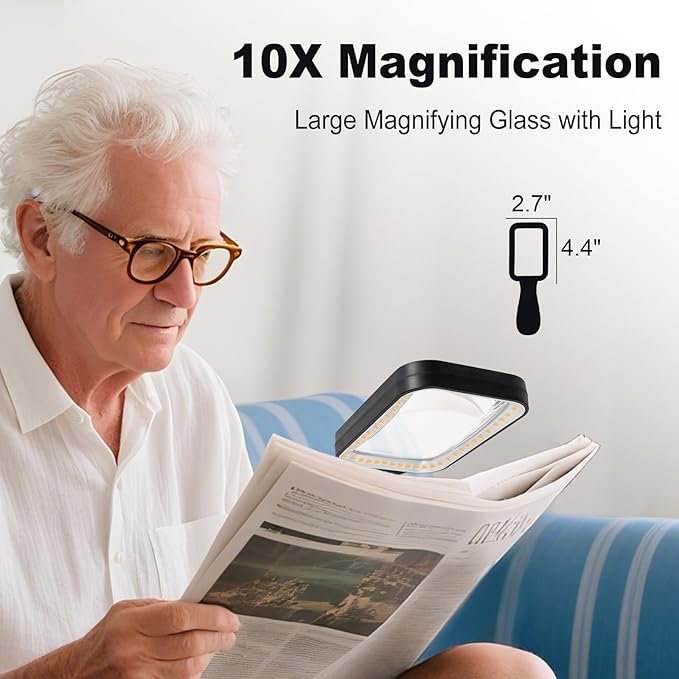 10X Magnifying Glass with Light and Case, Rechargeable Magnifier with 3 Color Modes, Lighted Magnifying Glass Handheld for Seniors Reading Low Vision, Inspection, Close Work