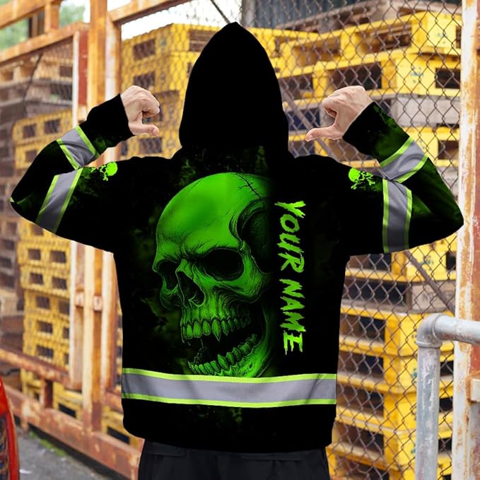 Matedecor Skull US Flag Reflective High Visibility Hoodie For Men Construction Hi Vis Safety Workwear Custom Name