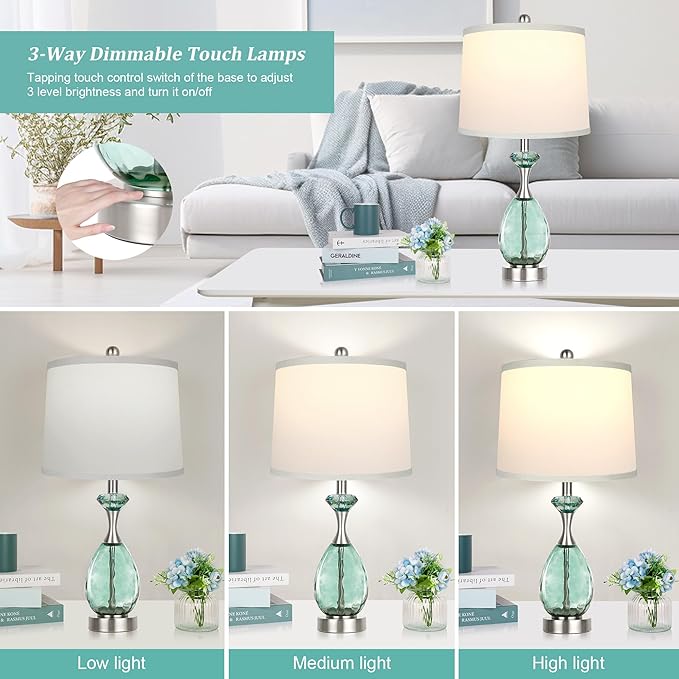 Hamucd Coastal Glass Table Lamps Set of 2, 3-Way Dimmable Touch Control Nautical Lamp with USB A+C Ports,Bedside Lamps Beach Decor, Modern Nightstand Lamps with 2 LED Bulbs for Bedroom Living Room