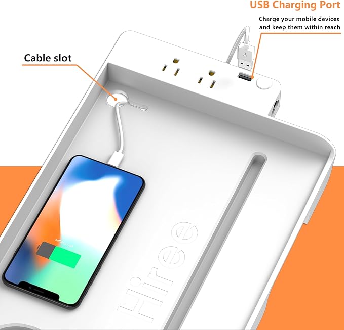 Bedside Shelf for Dorm Bunk Bed with USB Charging Port and 2 AC Outlets, Bedside Caddy, Bunk Bed Extender, Attachable Bedside Table, College Dorm Essential Clip On Bedside Tray, Plus Size, White