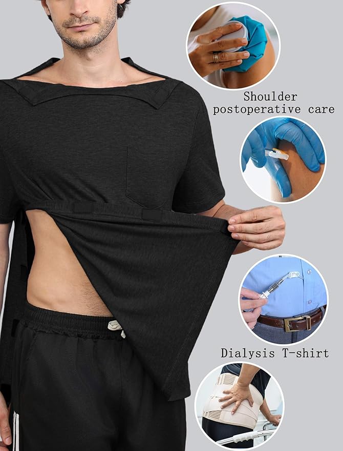 Deyeek Shoulder Post Surgery Recovery Shirts for Men Full Tear Away Short Sleeve T Shirt Adaptive Chemo Clothing