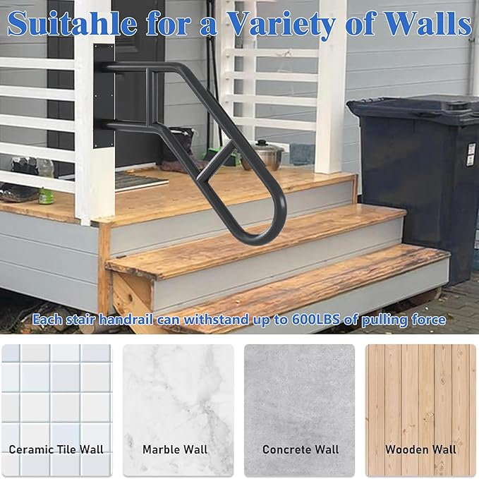 Handrails for Outdoor Steps, Stair Railing Indoor 1-3 Step, Hand Rails for Elderly, Porch Railing & Deck Hand Rail Wall Mount Stair Hand Grab Bars, 2 Pack U-Shape Safety Handle for Garage, Porch