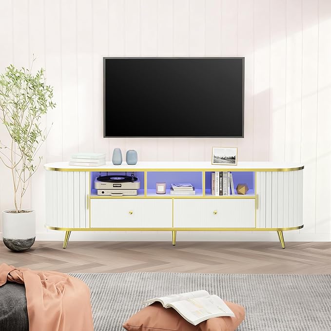 70 inch Fluted TV Stand, Luxury Modern TV Console & Media Entertainment Center for Living Room with Curved Profile, 2 Drawers, Storage Cabinet, and LED Lights, White, Holds TVs Up to 80"