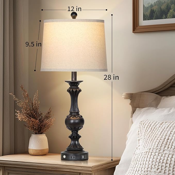 28" Black Farmhouse Table Lamps Set of 2, Rustic Lamps for Living Room with USB C+A Ports & AC Outlet, 3 Way Touch Control Bedroom Lamp, Retro Tall Bedside Lamp for Nightstand Side Table
