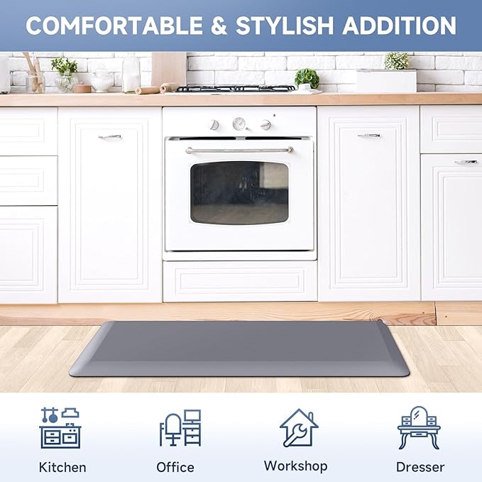 4/5 Inch Thick Kitchen Mat Anti Fatigue Mat Kitchen Rugs Kitchen Decor Non-Slip, Stain & Water Resistant, Kitchen Mats Desk Mat for Kitchen, Office, Workshop, Grey, 17'' x 60''