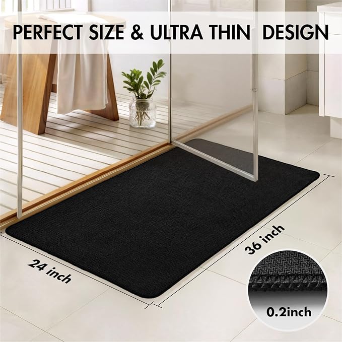 MIULEE Set of 2 Ultra Thin Bathroom Rugs, Rubber Bath Mats for Bathroom Non Slip, Quick Dry Absorbent Bath Rug Machine Washable, Fit Under Door, Shower, Sink, Halloween Home Decor, Black, 24x36 Inch