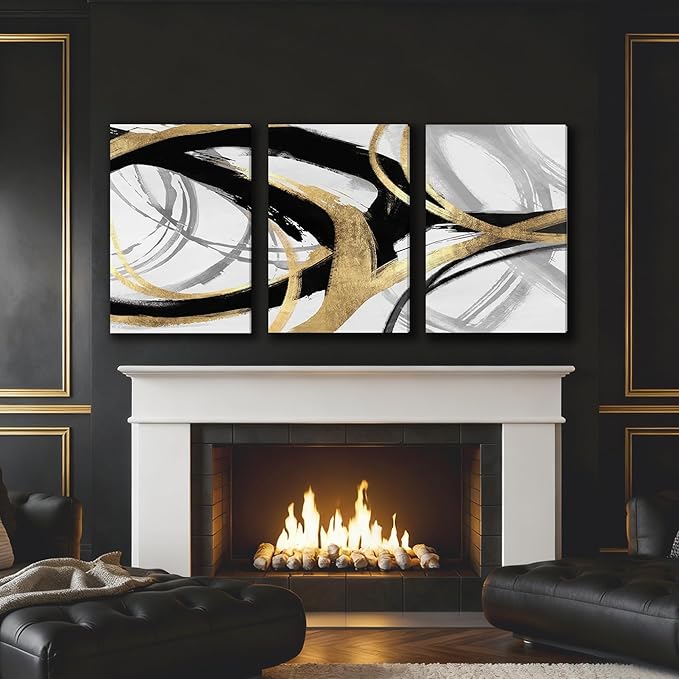 DUWQU 3 Piece Large Black and Gold Abstract Canvas Wall Art, Modern Black Gold and White Wall Decor, Spiral Brushstrokes Line Art Prints for Living Room Bedroom Office Home Decorations 20×30x3 In