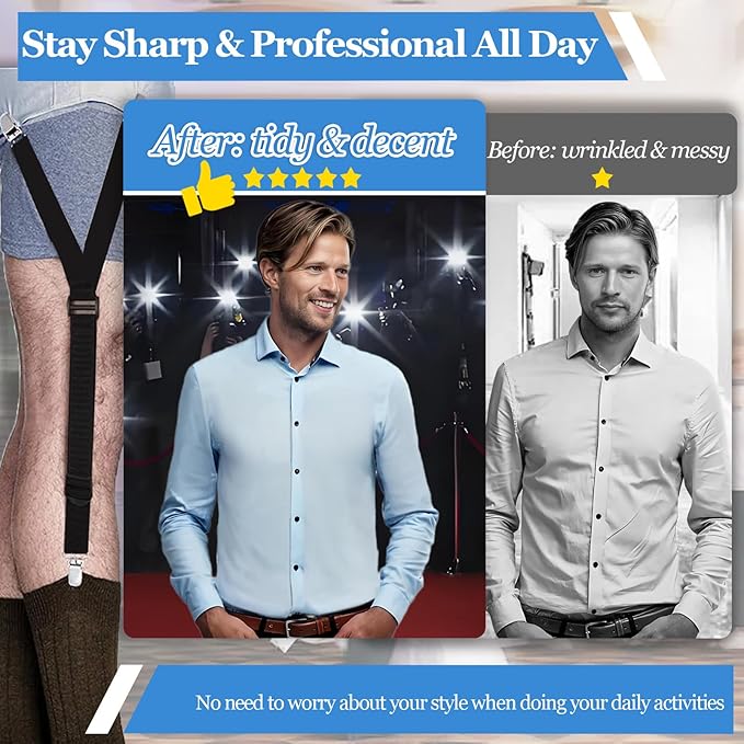 STAY GENT Y-Style Shirt Stays For Men with Non-Slip Locking Clamps and Adjustable Elastic Straps