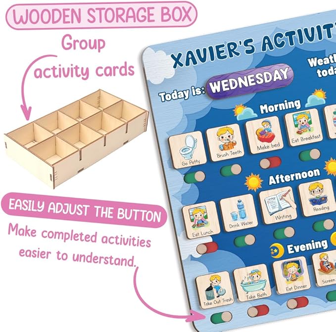 Personalized Wooden Daily Routine Chart 12x14", Visual Schedule, Daily Responsibilities for Kids, Morning Bedtime Routine Chart for Toddlers (11)