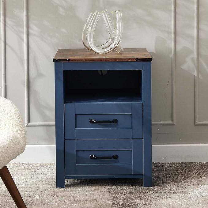 Blue Night Stand Set of 2, Rustic End Table with Charging Station, Farmhouse Tall Nightstand for Bedroom, Drawer Dresser Bedside Table with Open Storage Shelf