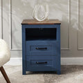 Blue Night Stand, Rustic End Table with Charging Station, Farmhouse Tall Nightstand for Bedroom, Drawer Dresser Bedside Table with Open Storage Shelf