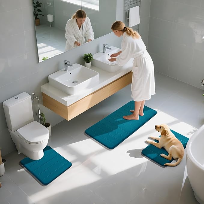 Yimobra 3 Pieces Memory Foam Bath Mat Set with U-Shaped Toilet Rug - Non Slip Super Soft Absorbent Quick Dry Bathroom Rugs for Bathtub, Vanity & Toilet Base, Peacock Blue