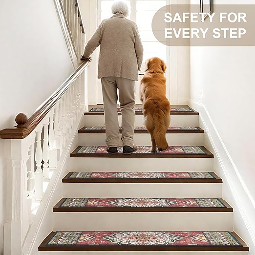 Non Slip Stair Treads for Wooden Steps Indoor, Red, 15pcs, 30"X8", Soft Carpet Mat, Machine Washable Boho Carpet Treads with Reusable Adhesive Backing, Safety Stair Tread for Dogs, Kids, Elders