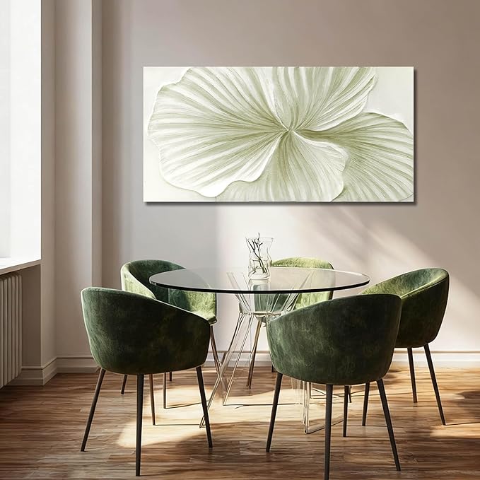 MLART99 Abstract Leaf Wall Art Modern Ginkgo Canvas Hand-drawn Painting 24x48 Green and White Large Artwork Minimalist Decoration for Living Room Bedroom Office Home