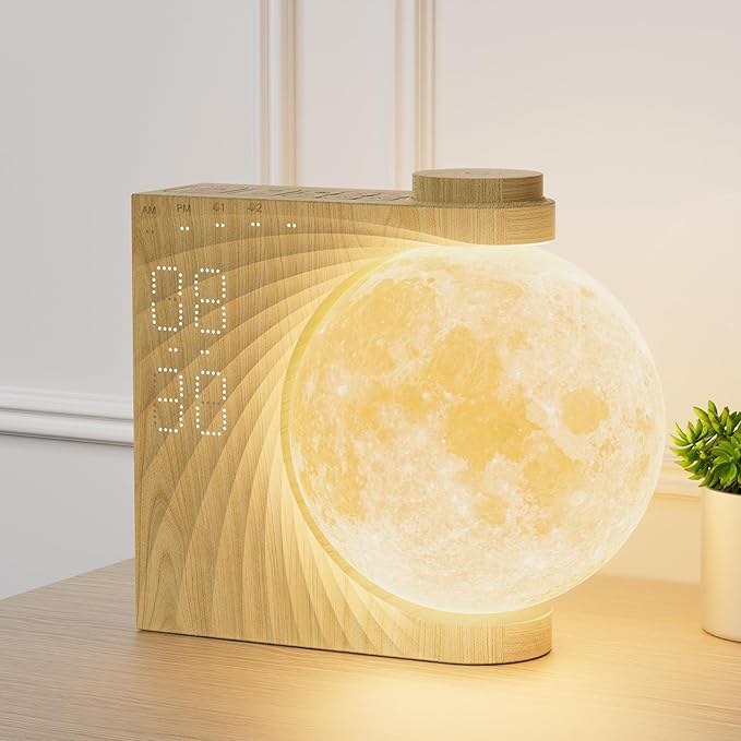 Rotatable Moonlight Alarm Clock, Sunrise Alarm Sleep Sound Machines, Night Lamp for Bedrooms with Snooze Function, 10 Light Effects, 30/60/90 Timer, 10 Sleep Nature Sounds, 15 Ringtones, 12 Volume