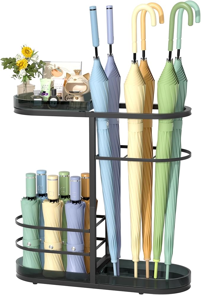 Minimalist Umbrella Stand for Indoor Entryway, Free Standing Umbrella Holder Holds 12+ Paraguas/Canes - Metal Storage Rack with Acrylic Basket & Drip Tray for Home Office Hall