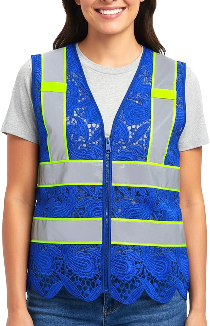 Lace-Mesh Safety Vest for Women & Men - Breathable, High Visibility Vest with Zipper & ANSI Class 2 Reflective Strips