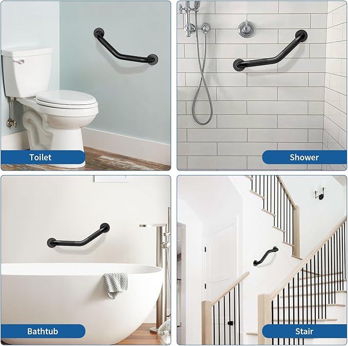 16 Inch Angled Shower Grab Bar Black, Munzong 2 Pack Anti Slip Bathroom Grab Bar, Knurled Bathroom Balance Bar,Safety Hand Rail Support Handicap Elderly Injury Senior Assist Bath Handle-1.25” Tube