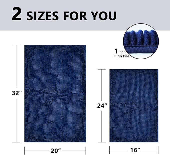 BOANKODU Bathroom Rugs Sets 2 Piece, Extra Soft Chenille Bath Mat Absorbent Bathroom Rug, Bathroom Mat with PVC Non-Slip Bottom, Machine Washable Bath Rugs (32x20 Inch + 24x16 Inch, Navy Blue)
