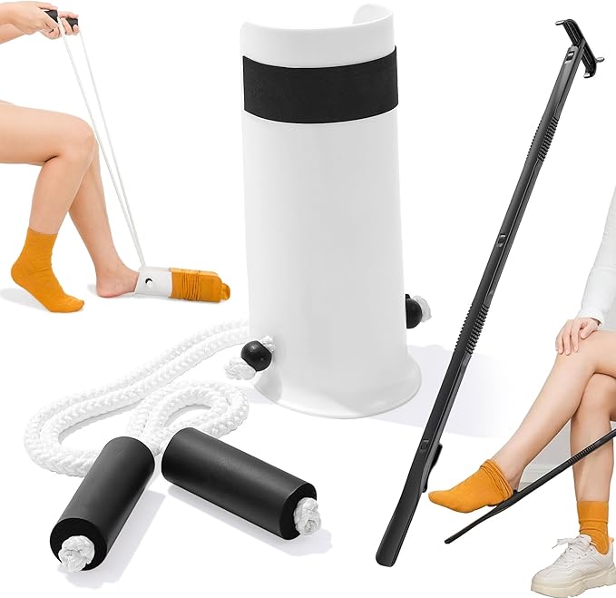 Sock Aids for Putting On Socks Kit - (Sock Helper + 35 Inch Dressing Stick with Sock Remover & Shoe Horn) - Flexible Sock Assistant Device for Seniors & Limited Mobility No Bending