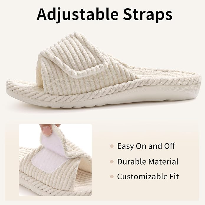 Litfun Orthopedic House Slippers for Women Adjustable Arch Support Indoor Slippers Open Toe Corduroy Bedroom Shoes
