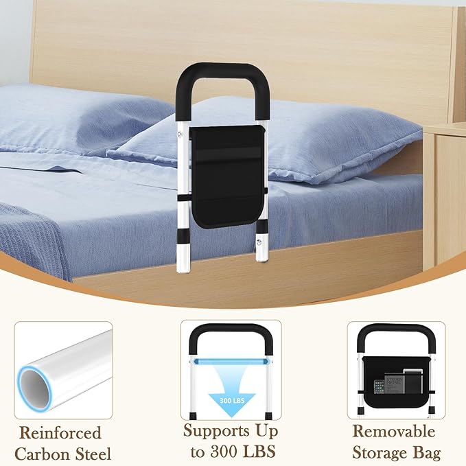 Bed Rails for Elderly Adults Safety – Bed Cane for Seniors, Grab Bar Bed Handrails with Ergonomic Handle & Storage Pocket, 17-Inch Fixed Height, Easy to Assemble, Holds up to 300lbs