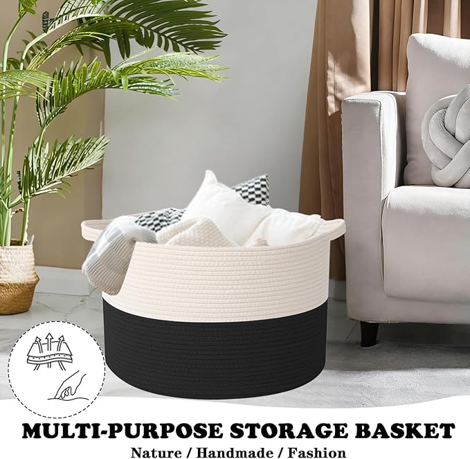 Large Storage Basket with Handle,19.7" L x 19.7" W x 13" H Blanket Basket Storage Bins for Organizing,65L Cotton Rope Woven Baskets for Living Room, Nursery ,Bedroom,White&Black