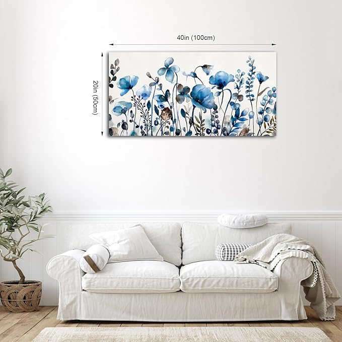 VEAEE Floral Wall Art, Abstract Indigo Flowers Canvas Pictures, Living Room Wall Decor, Modern Landscape Painting, Botanical Grass Artwork for Bedroom Bathroom Kitchen Office Wall Decor 20"x 40"