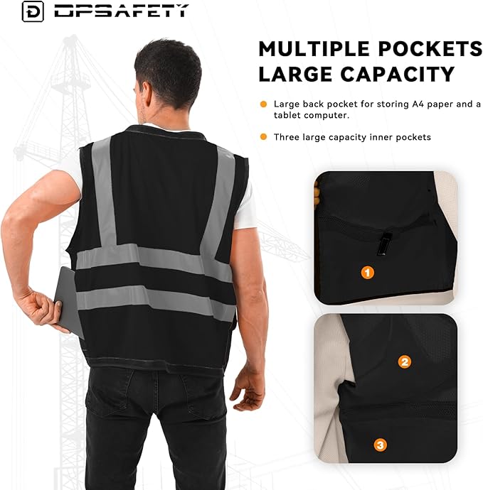 Reflective Safety vest With back plan pocket,High visibility Class 2 Heavy Duty Surveyor Vest with Zipper,Hi Vis Vest ANSI/ISEA Standard, Construction Work Vest for Men＆Women(Black,XL)