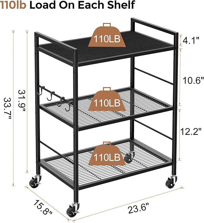 3-Tier Kitchen Cart with Adjustable Shelves - Microwave Storage Cart & Utility Rolling Organizer, Industrial Wheels for Small Spaces, 15.7"x23.6"x33.7" Black Panel and Black Frame