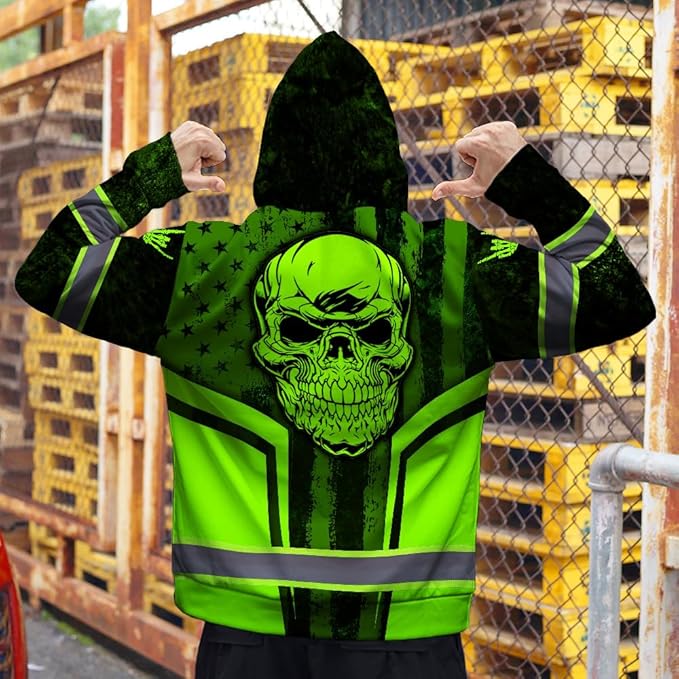 Maddly Hi Vis Reflective Zip Up Hoodie, High Visibility Safety Jacket with Skull Design for runner, worker, trucker, cyclist