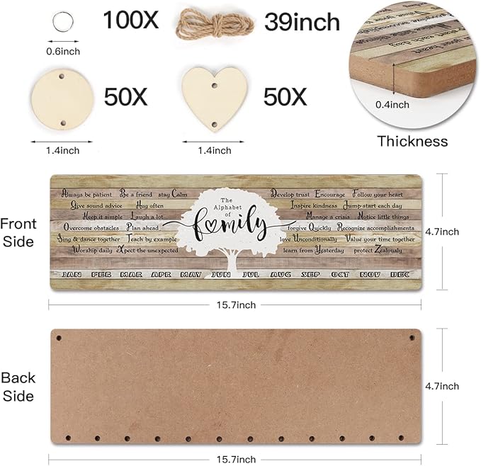 CHDITB Family Birthday Calendar with Tags, Vintage The Alphabet of Family Birthday Wall Hanging(16"x5"), Inspirational Quotes Wooden Birthday Reminder Tracker for Mothers Day Anniversary