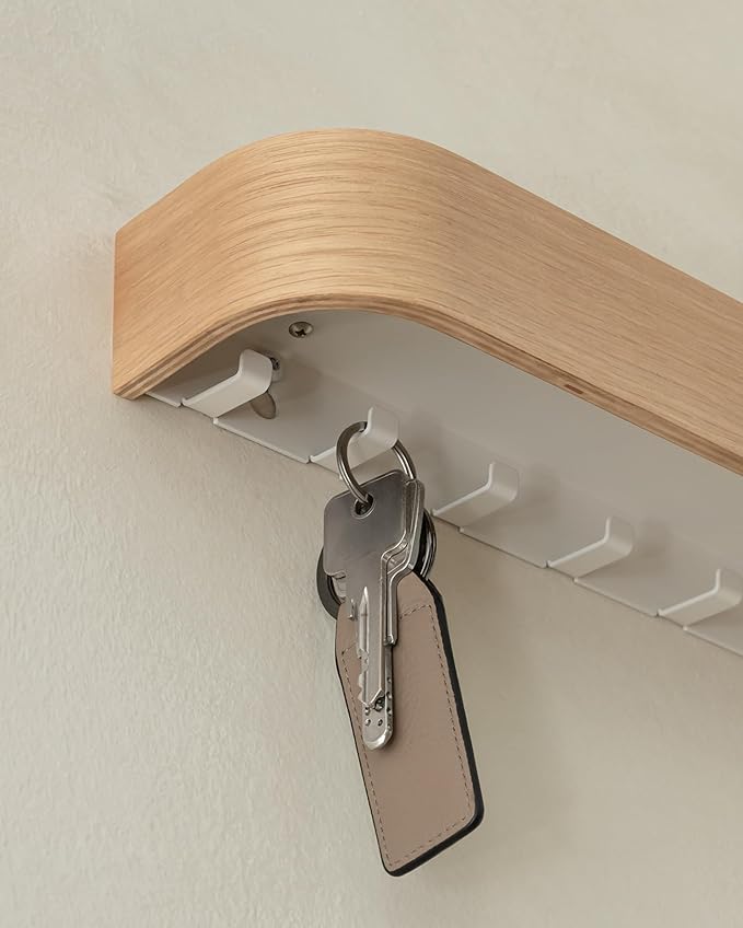 Kazai. Key Holder 'Toke' | Minimalist Key Hook Design from Berlin | Modern Key Holder Wall Mount with Wooden Shelf | Key Rack for Wall as Entryway Organizer | Oak, White