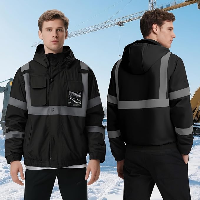 Hi Vis Safety Jackets for Men Waterproof Class 3 Reflective Construction Jacket for Winter Bomber Jacket