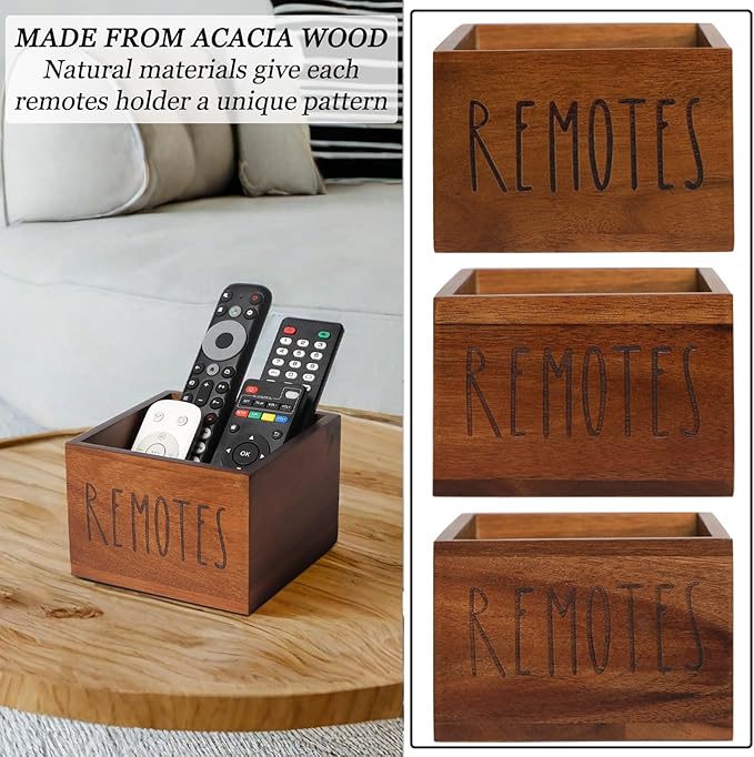 Acacia Wood Remote Holder, Control Organizer for TV - Home, Living Room, Bedroom - Wooden Remote Box (Brown, M, 3+ Remotes)