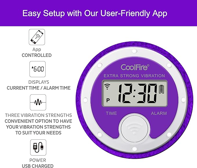 Coolfire - Vibrating Alarm Clock Sweatband, Silent Wake Yourself Up Wristband Vibrating Alarm Watch for Couples, Students, Easy to Set on User-Friendly App, Hearing Impaired, USB Chargeable (Purple)
