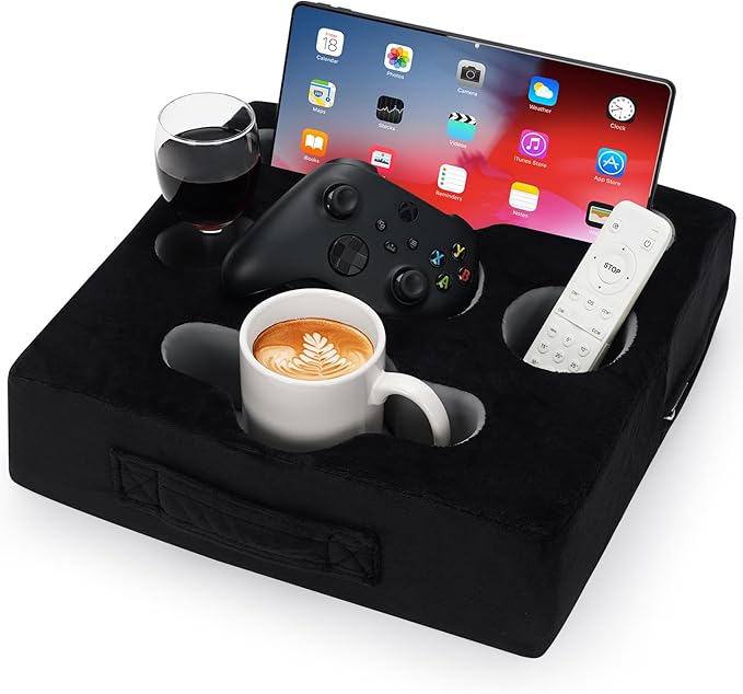 STBoo Couch Cup Holder Pillow Tray - Sofa Drink Cup Holder Cozy Buddy | Bed Caddy Organizer for Remote, Snacks Beverage, Phones, Tablet | Use it on Car, Pack, Beach, RV, Boat, Bedroom (Black)