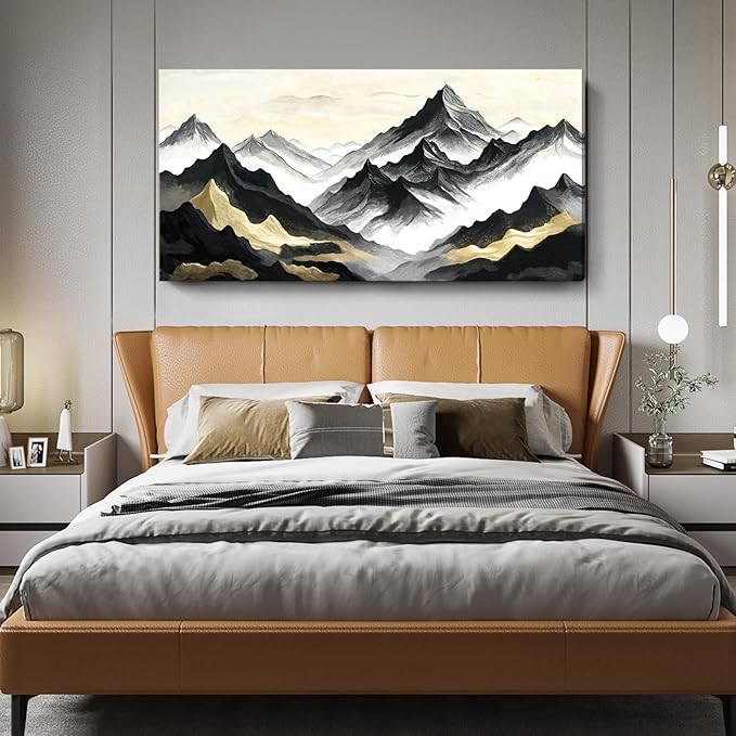amatop Black Gold Mountain Wall Art – Large Modern Abstract Canvas Print, Inspirational Landscape Artwork for Living Room, Bedroom & Office Decor (58x29 Inch)