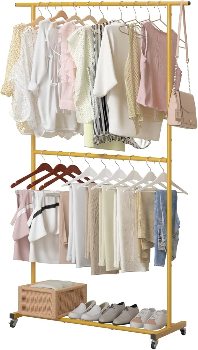 Sywhitta Double Rod Clothing Garment Rack, Rolling Clothes Organizer on Wheels for Hanging Clothes, Easy to Assemble, Adjustable, Gold