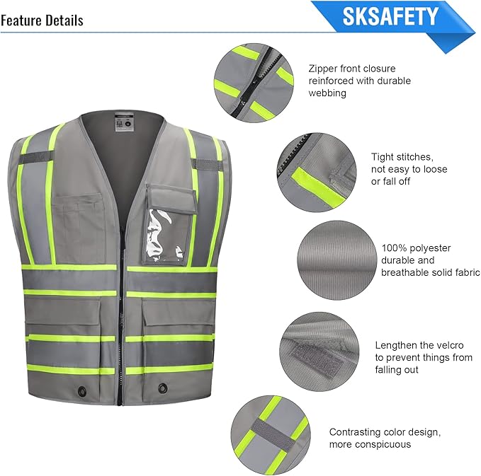 SKSAFETY 10 Pockets Safety Vest, Class 2 High Visibility Security with Zipper, Hi Vis Vest with Reflective Strips, ANSI/ISEA Standard, Construction Work Vest for Men ＆ Women （Grey,XL）