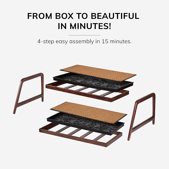 Anji Mountain Heavy Duty Waterproof Wooden Shoe Storage Mat Organizer/Boot Storage Tray Multi Use for Entryway with Coir, Tan and Black Trellis Insert, 2 Tier, Fits 6 Pair (36.5" Wide)