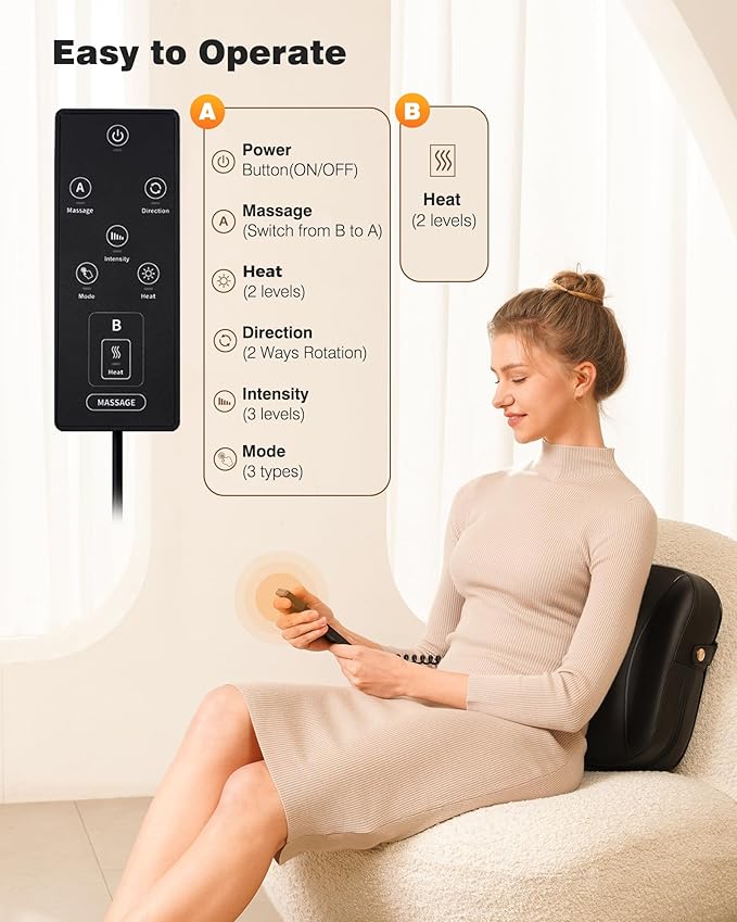 Back Massager with Heat-Shiatsu Massagers for Neck and Shoulder Pain-3D Kneading Massage for Lower Back/Neck/Leg Pain Relief-Lumbar Support Pillow for Office Chair-Chirstmas Gifts for Mom Dad