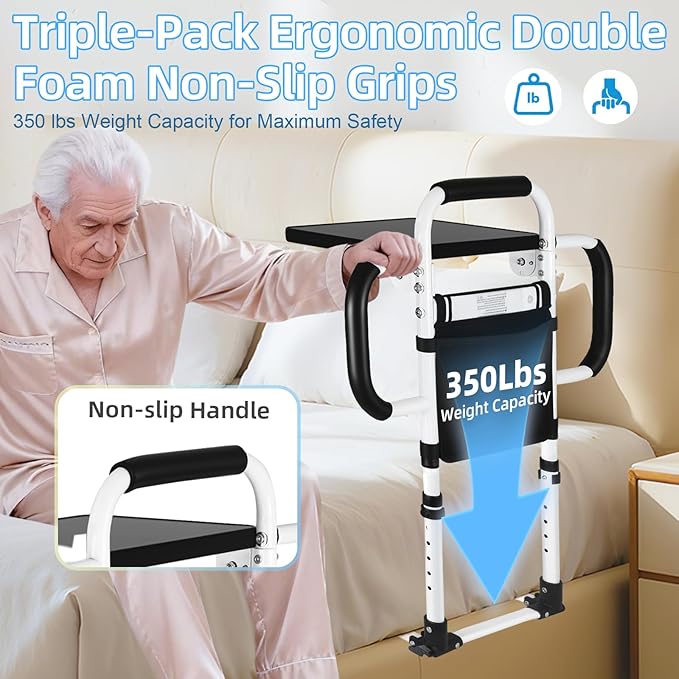 Bed Rails for Elderly Adults Safety: 90° Foldable Bed Assist Rails for Seniors w/Tray & Sensor Light, Adjustable Height Bedside Support Rail with 3 Handles, Storage Pocket, Heavy Duty 350lb