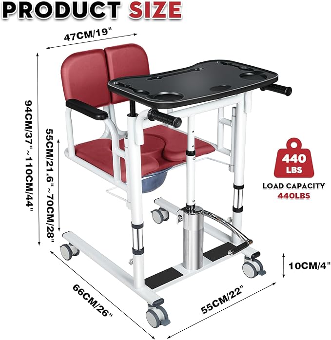 Drexo Patient Lift Transfer Chair, 5 in 1 Patient Lift Chair with 180°Split Seat, Height Adjustable Patient Transfer Chair with 4 Casters for Home Seniors Elderly, Load 450Lbs (Non-Fold, Red)