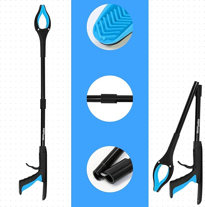 2 Pack 32 inch GrabRunner Folding Reacher Grabber Tool with Strong Magnetic and Swivel Head &Shoehorn (Blue Blue)