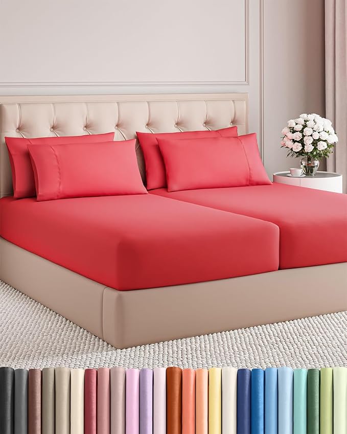 Split King 7 Piece Sheet Set - Cooling & Breathable Bed Sheets - Hotel Luxury Bed Sheets for Women, Men, Kids & Teens - Bedding w/Deep Pockets & Easy Fit - Soft & Wrinkle Free - Split King Red Sheets